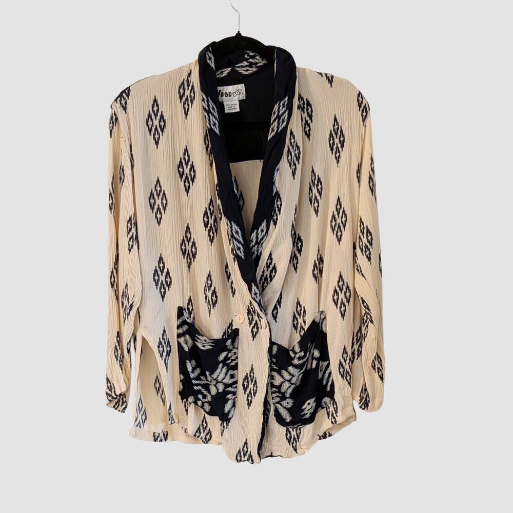 We Be Bop Crinkle Rayon Cardigan One Size Black Cream Boho Ikat Lagenlook